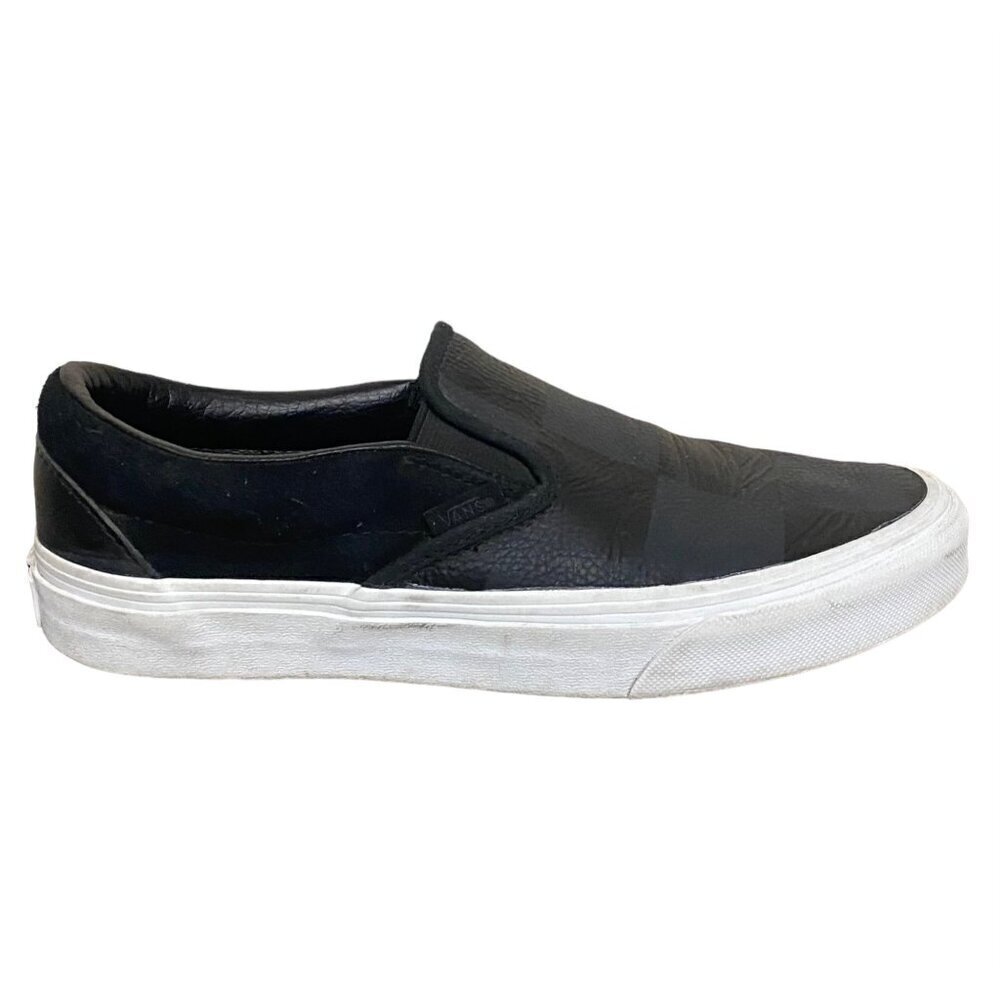 Vans Classic Leather and Canvas Slip On Black Gray Checker Sneakers Size 8 - Picture 2 of 6